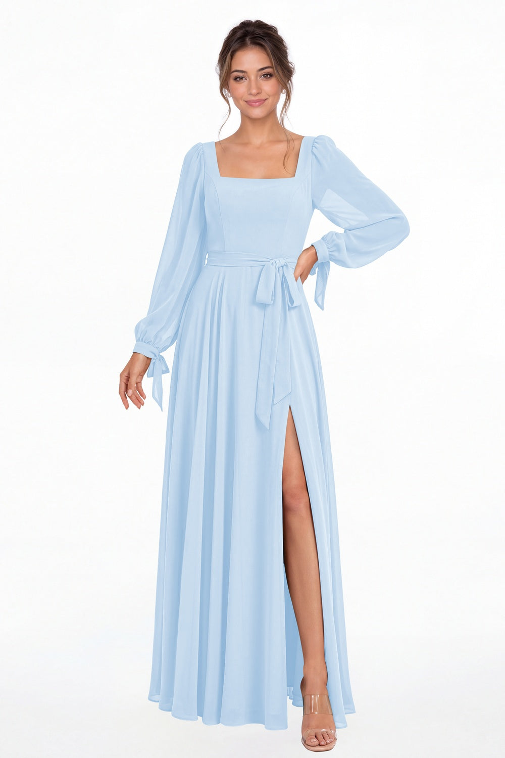 Baby Blue Square Neck Long Sleeve Chiffon A-Line Slit Maxi Gown - Front View
