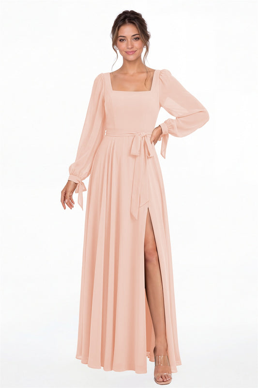 Blush Pink Square Neck Long Sleeve Chiffon A-Line Slit Maxi Gown - Front View