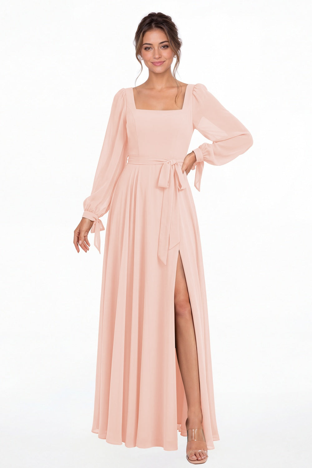 Blush Pink Square Neck Long Sleeve Chiffon A-Line Slit Maxi Gown - Front View