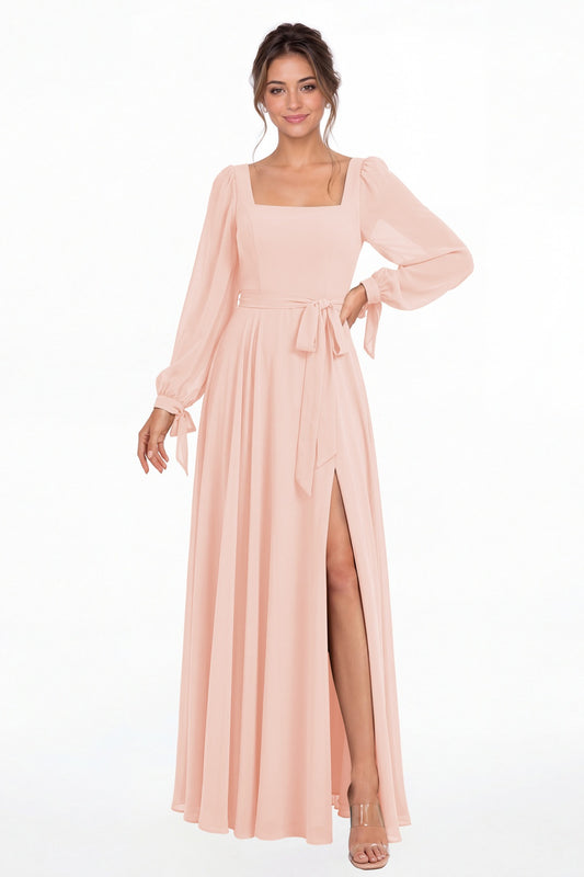 Blush Pink Square Neck Long Sleeve Chiffon A-Line Slit Maxi Gown - Front View