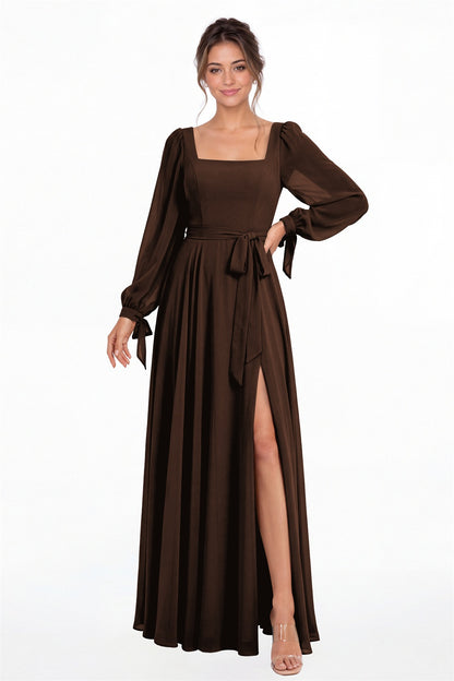 Brown Square Neck Long Sleeve Chiffon A-Line Slit Maxi Gown - Front View