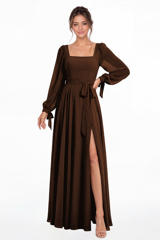 Brown Square Neck Long Sleeve Chiffon A-Line Slit Maxi Gown - Front View