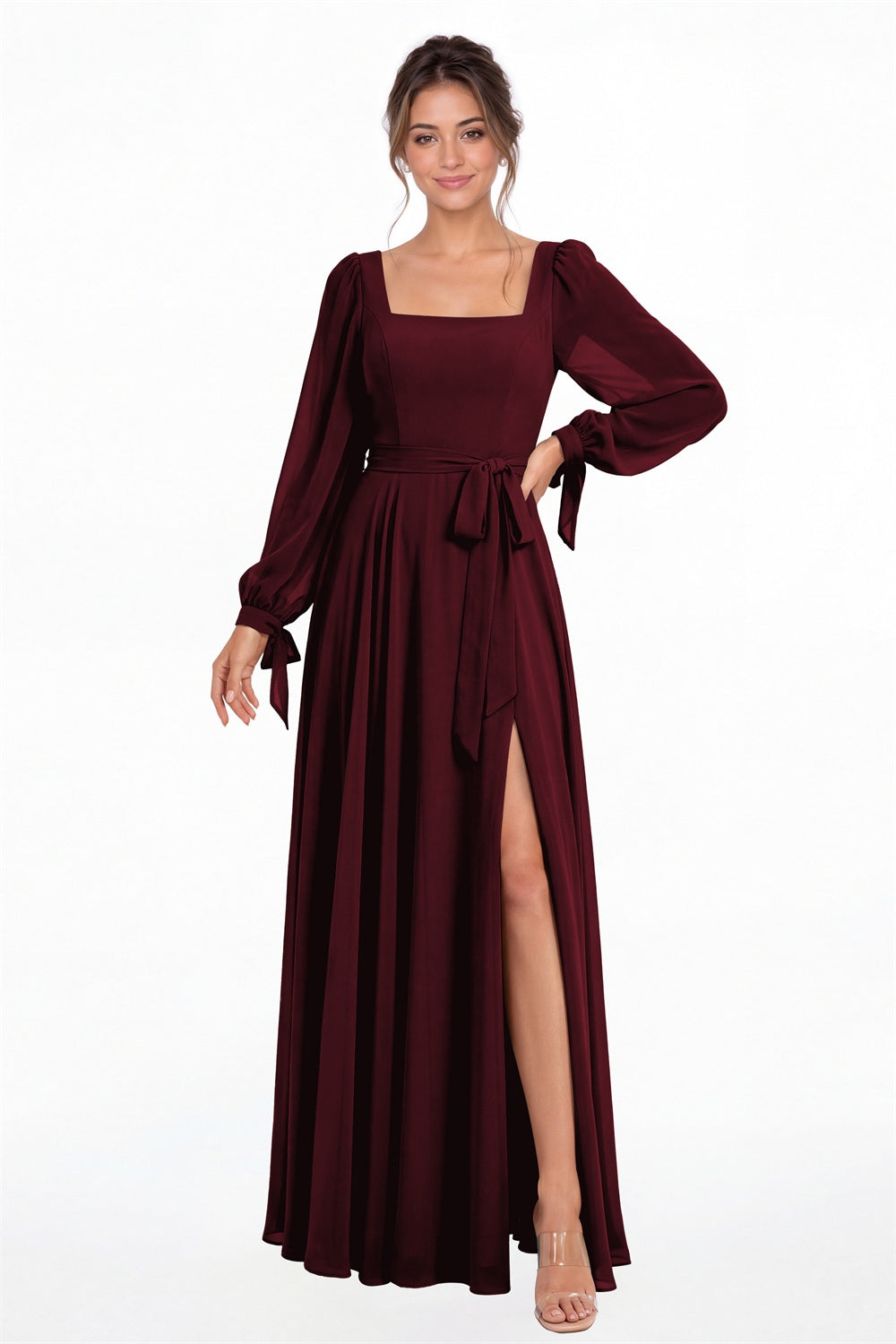 Burgundy Square Neck Long Sleeve Chiffon A-Line Slit Maxi Gown - Front View
