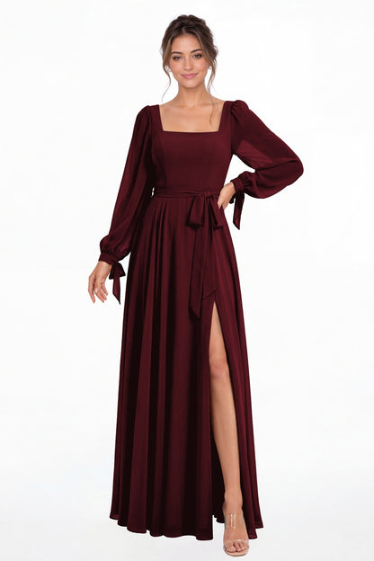 Burgundy Square Neck Long Sleeve Chiffon A-Line Slit Maxi Gown - Front View