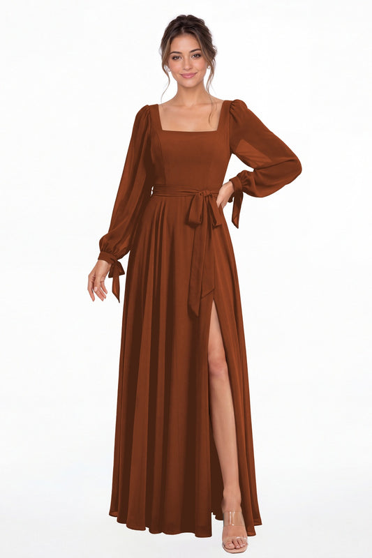 Burnt Orange Square Neck Long Sleeve Chiffon A-Line Slit Maxi Gown - Front View