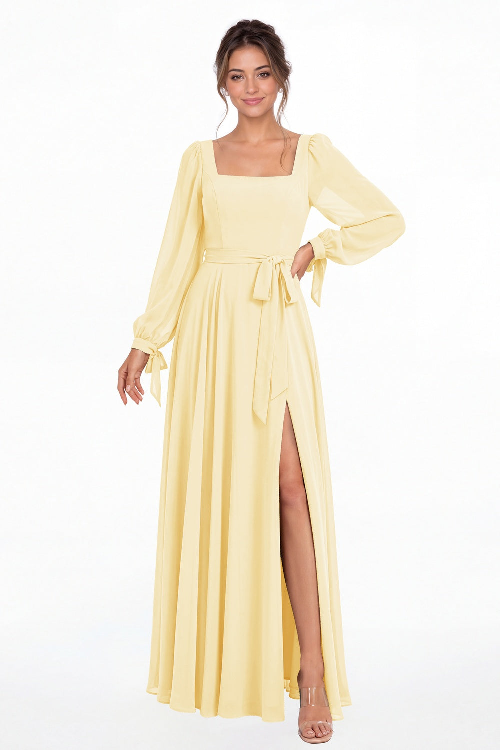 Butter Yellow Square Neck Long Sleeve Chiffon A-Line Slit Maxi Gown - Front View