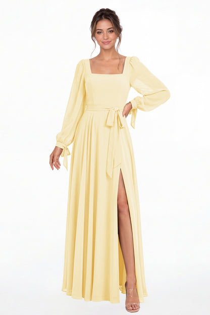 Butter Yellow Square Neck Long Sleeve Chiffon A-Line Slit Maxi Gown - Front View