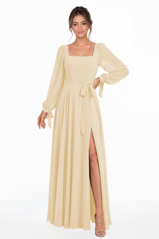 Champagne Square Neck Long Sleeve Chiffon A-Line Slit Maxi Gown - Front View