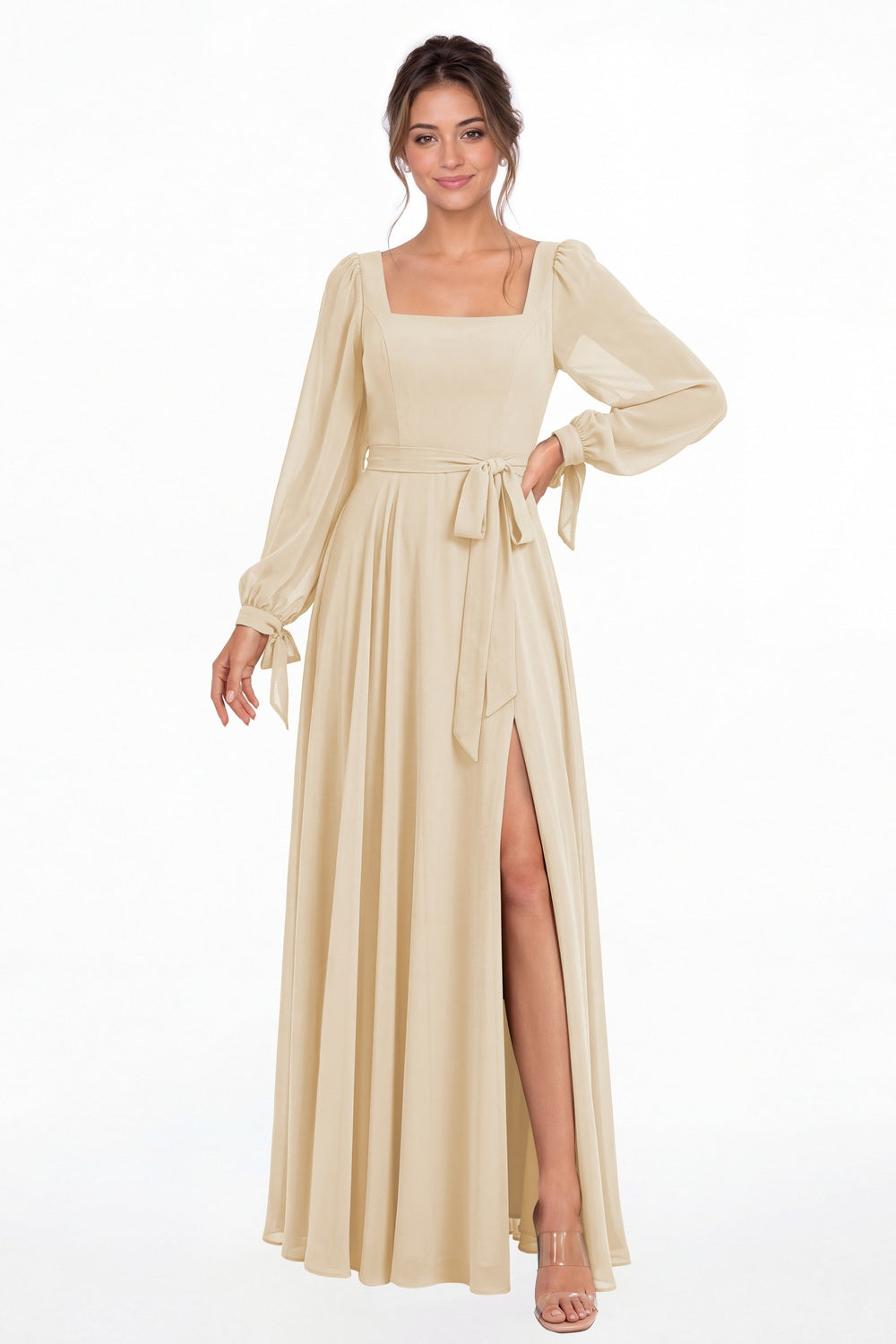 Champagne Square Neck Long Sleeve Chiffon A-Line Slit Maxi Gown - Front View