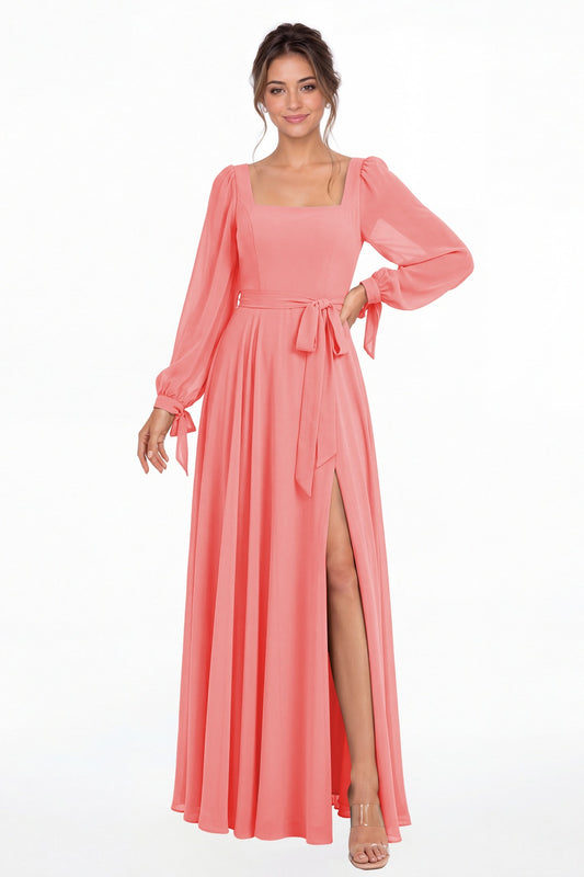 Coral Square Neck Long Sleeve Chiffon A-Line Slit Maxi Gown - Front View