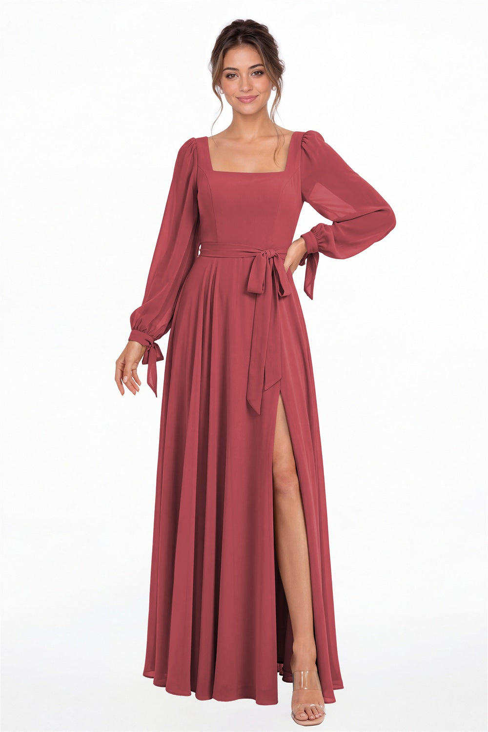 Desert Rose Square Neck Long Sleeve Chiffon A-Line Slit Maxi Gown - Front View