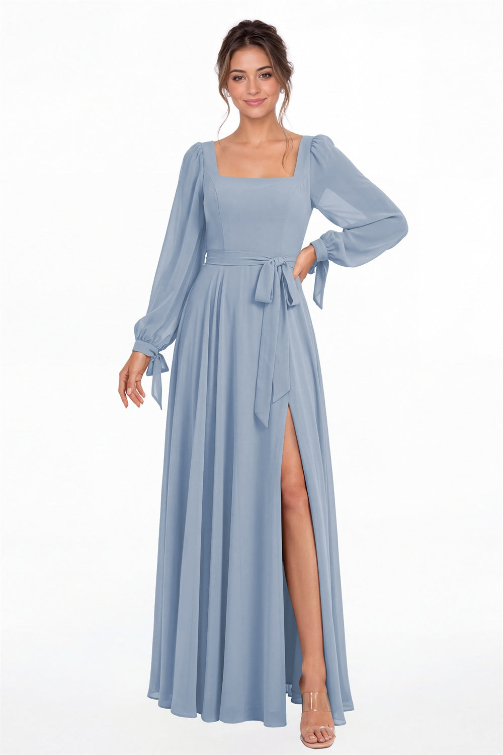 Dusty Blue Square Neck Long Sleeve Chiffon A-Line Slit Maxi Gown - Front View