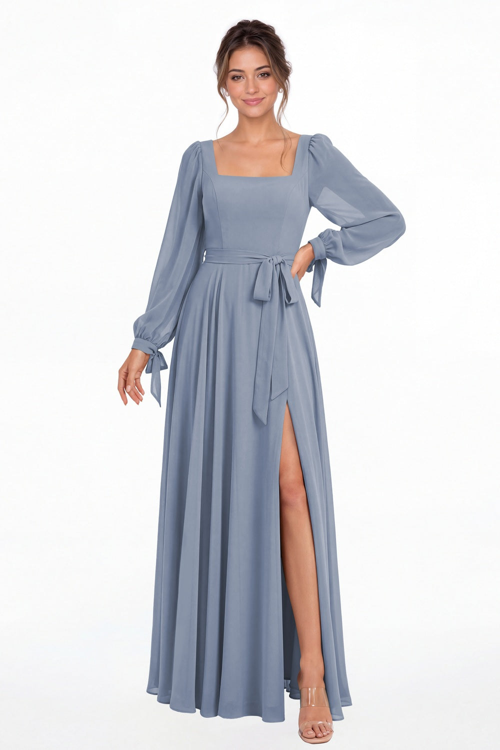Dusty Blue Square Neck Long Sleeve Chiffon A-Line Slit Maxi Gown - Front View