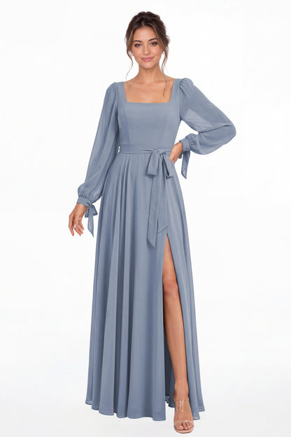 Dusty Blue Square Neck Long Sleeve Chiffon A-Line Slit Maxi Gown - Front View