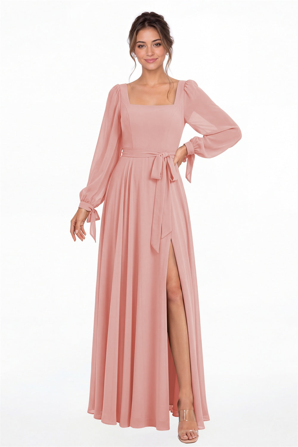 Dusty Rose Square Neck Long Sleeve Chiffon A-Line Slit Maxi Gown - Front View