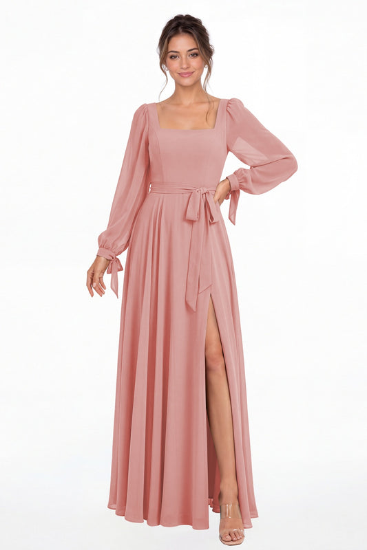 Dusty Rose Square Neck Long Sleeve Chiffon A-Line Slit Maxi Gown - Front View