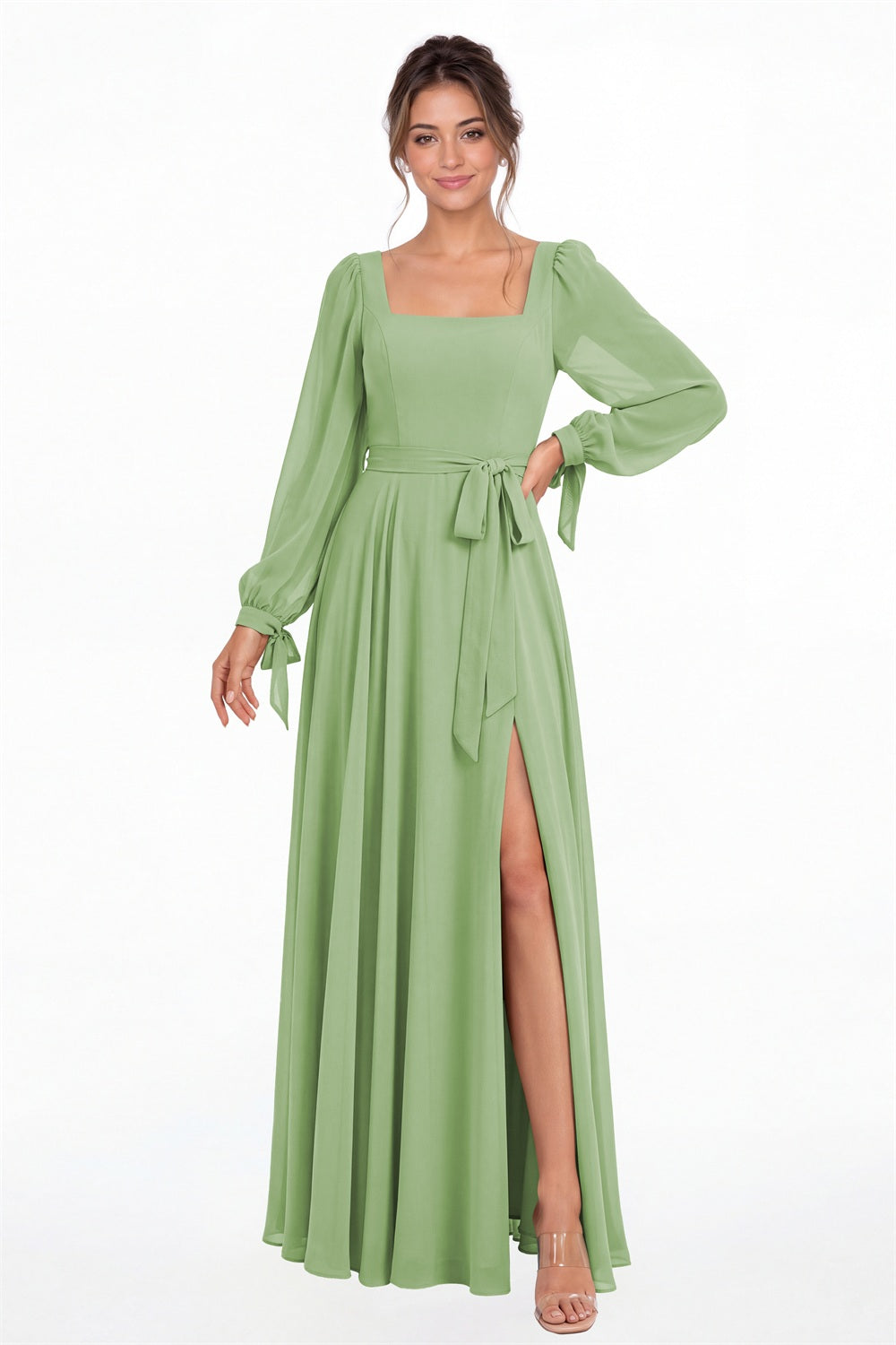 Dusty Sage Square Neck Long Sleeve Chiffon A-Line Slit Maxi Gown - Front View