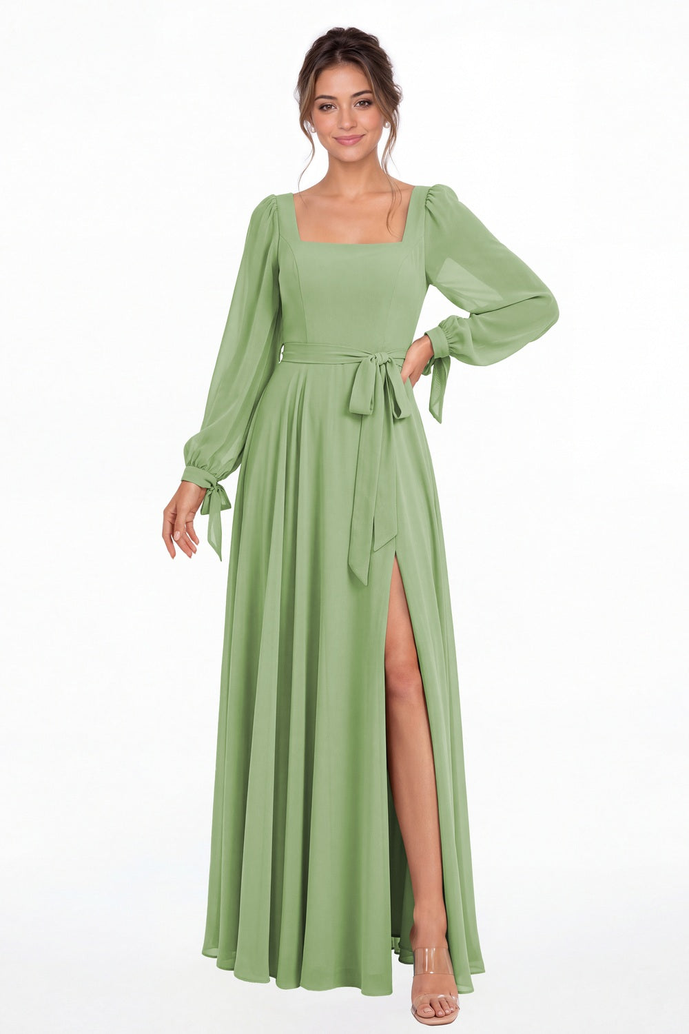 Dusty Sage Square Neck Long Sleeve Chiffon A-Line Slit Maxi Gown - Front View