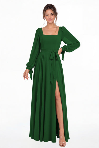 Emerald Green Square Neck Long Sleeve Chiffon A-Line Slit Maxi Gown - Front View
