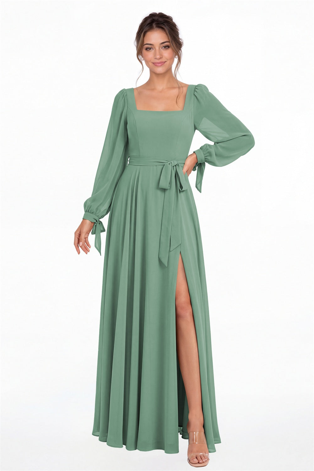 Eucalyptus Square Neck Long Sleeve Chiffon A-Line Slit Maxi Gown - Front View