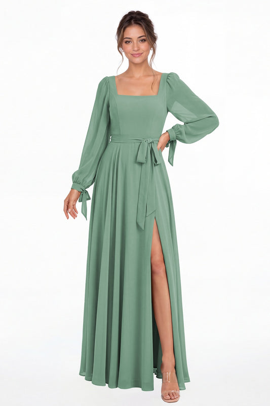 Eucalyptus Square Neck Long Sleeve Chiffon A-Line Slit Maxi Gown - Front View