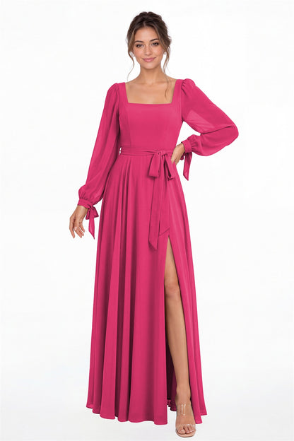 Fuchsia Square Neck Long Sleeve Chiffon A-Line Slit Maxi Gown - Front View