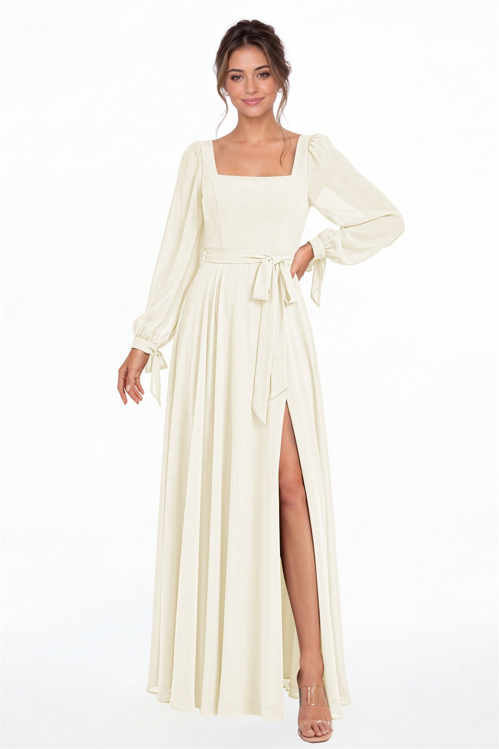 Ivory Square Neck Long Sleeve Chiffon A-Line Slit Maxi Gown - Front View