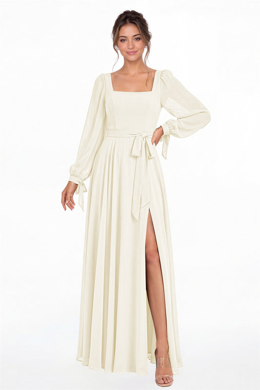 Ivory Square Neck Long Sleeve Chiffon A-Line Slit Maxi Gown - Front View