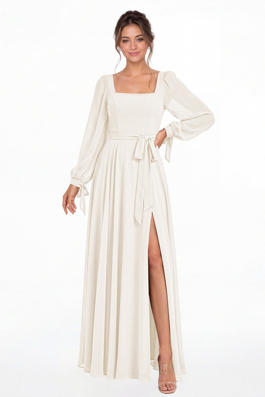 Ivory Square Neck Long Sleeve Chiffon A-Line Slit Maxi Gown - Front View