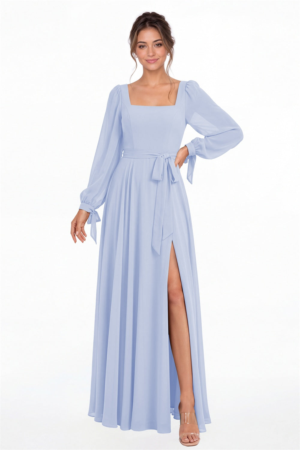 Lavender Square Neck Long Sleeve Chiffon A-Line Slit Maxi Gown - Front View