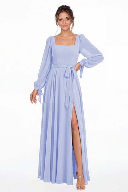 Lavender Square Neck Long Sleeve Chiffon A-Line Slit Maxi Gown - Front View