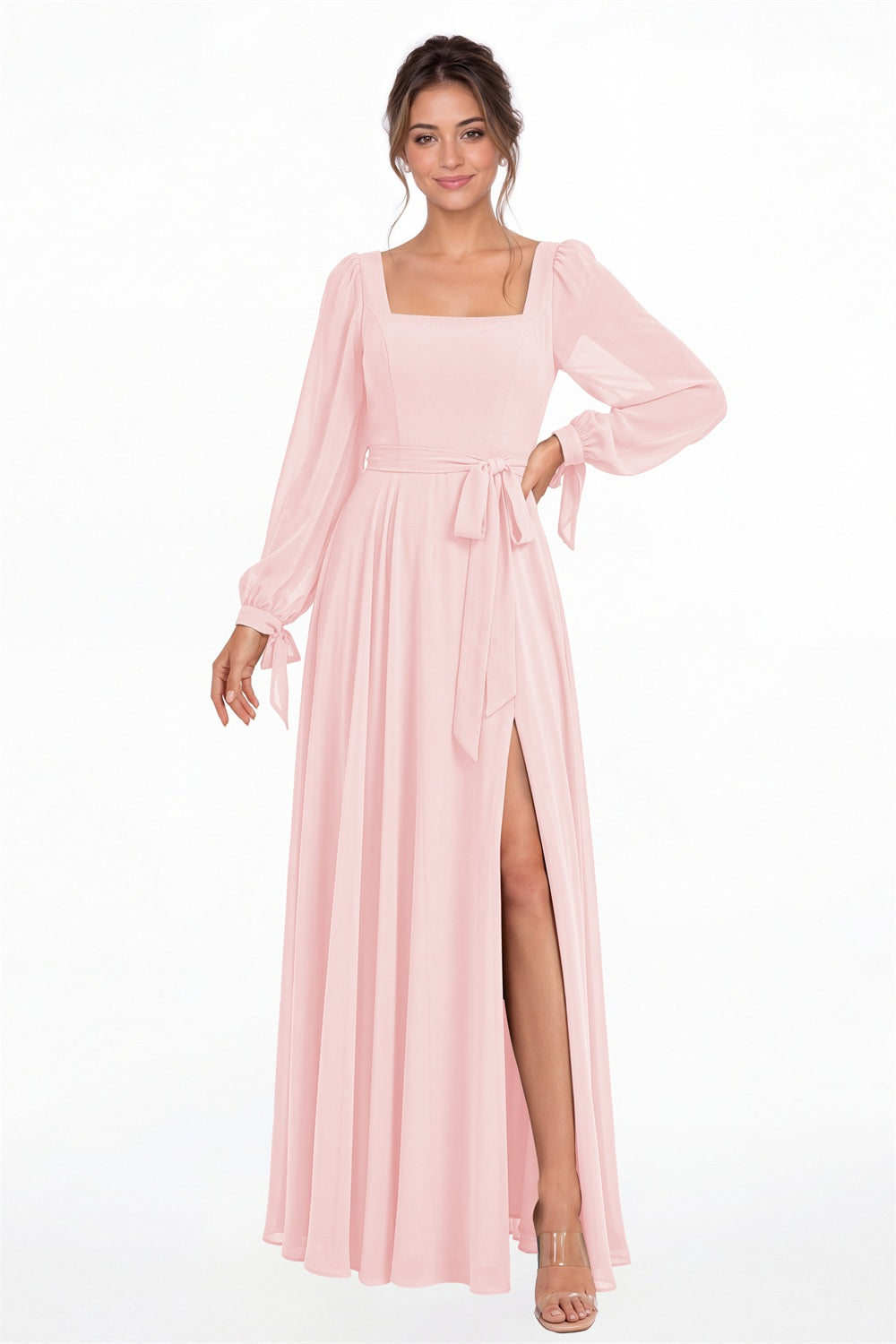 Light Pink Square Neck Long Sleeve Chiffon A-Line Slit Maxi Gown - Front View