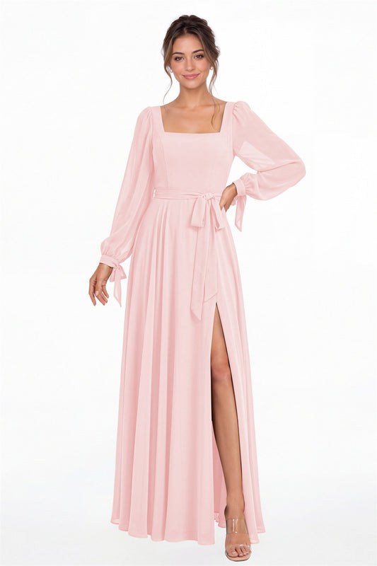 Light Pink Square Neck Long Sleeve Chiffon A-Line Slit Maxi Gown - Front View