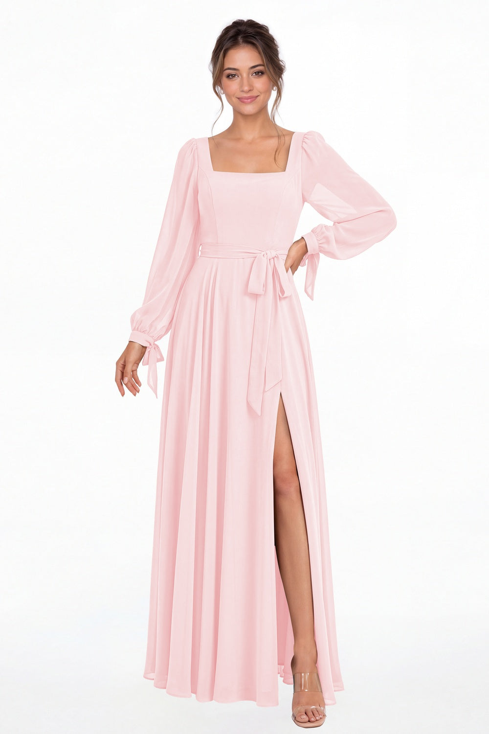 Light Pink Square Neck Long Sleeve Chiffon A-Line Slit Maxi Gown - Front View