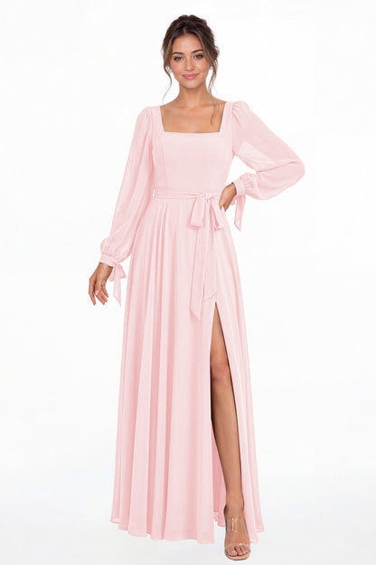 Light Pink Square Neck Long Sleeve Chiffon A-Line Slit Maxi Gown - Front View