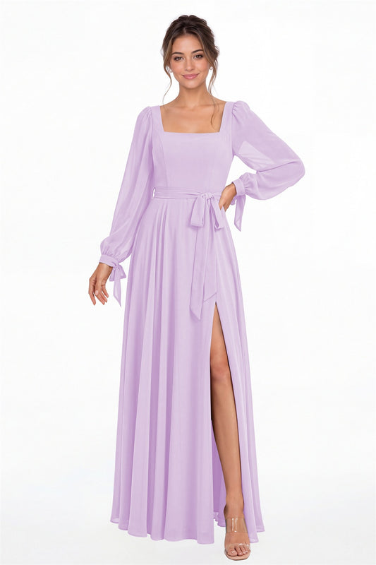 Lilac Square Neck Long Sleeve Chiffon A-Line Slit Maxi Gown - Front View