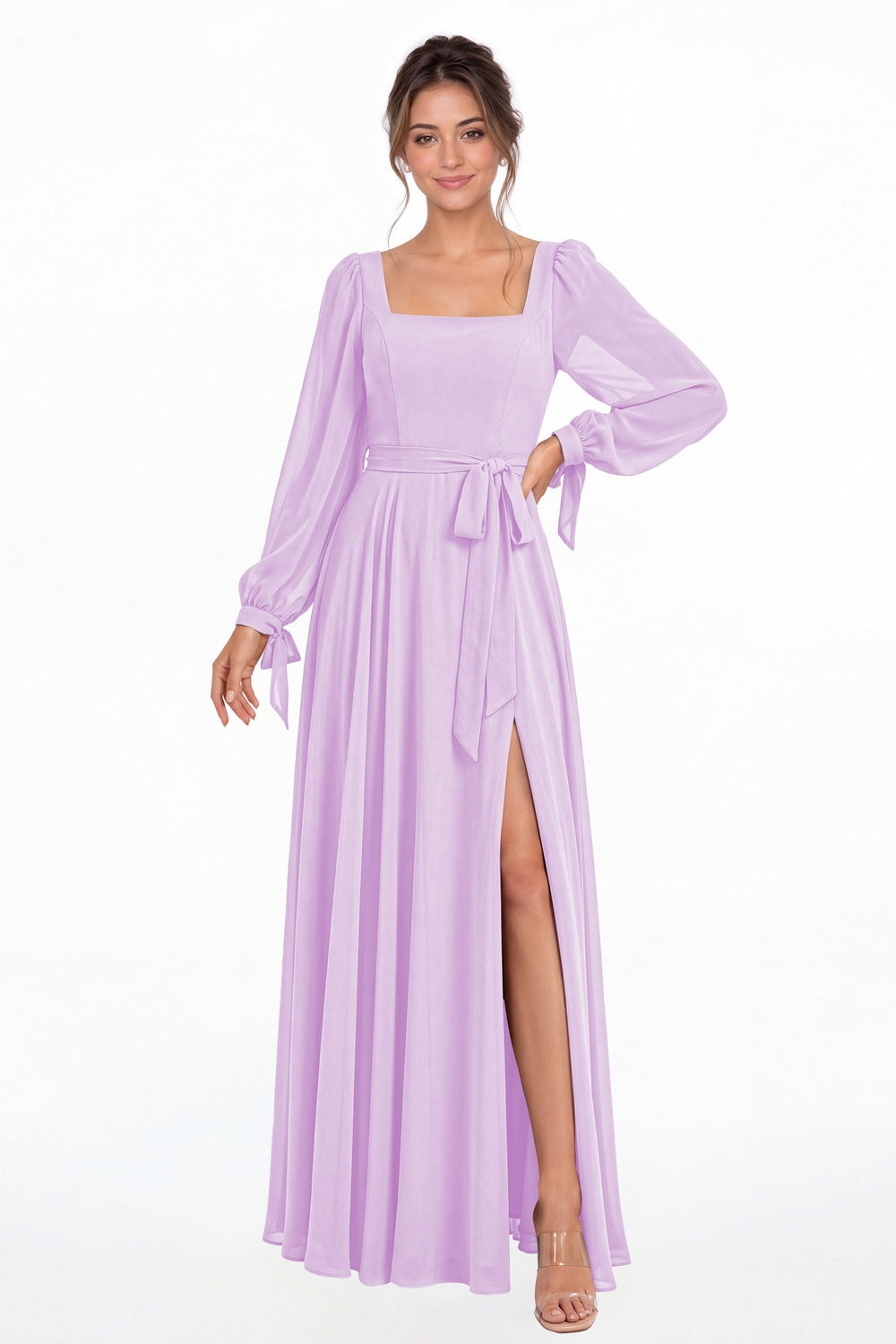 Lilac Square Neck Long Sleeve Chiffon A-Line Slit Maxi Gown - Front View