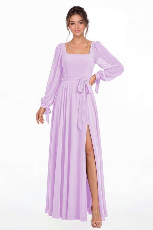 Lilac Square Neck Long Sleeve Chiffon A-Line Slit Maxi Gown - Front View