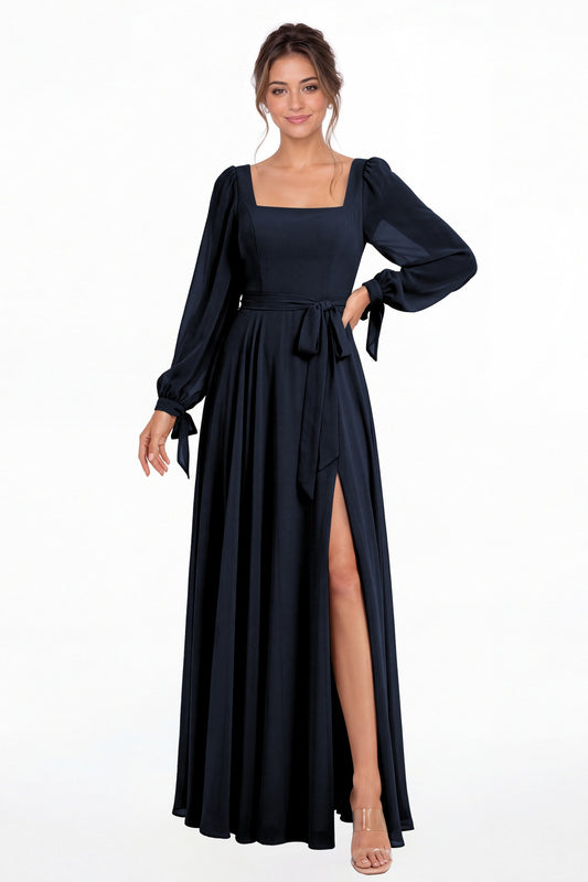 Navy Blue Square Neck Long Sleeve Chiffon A-Line Slit Maxi Gown - Front View