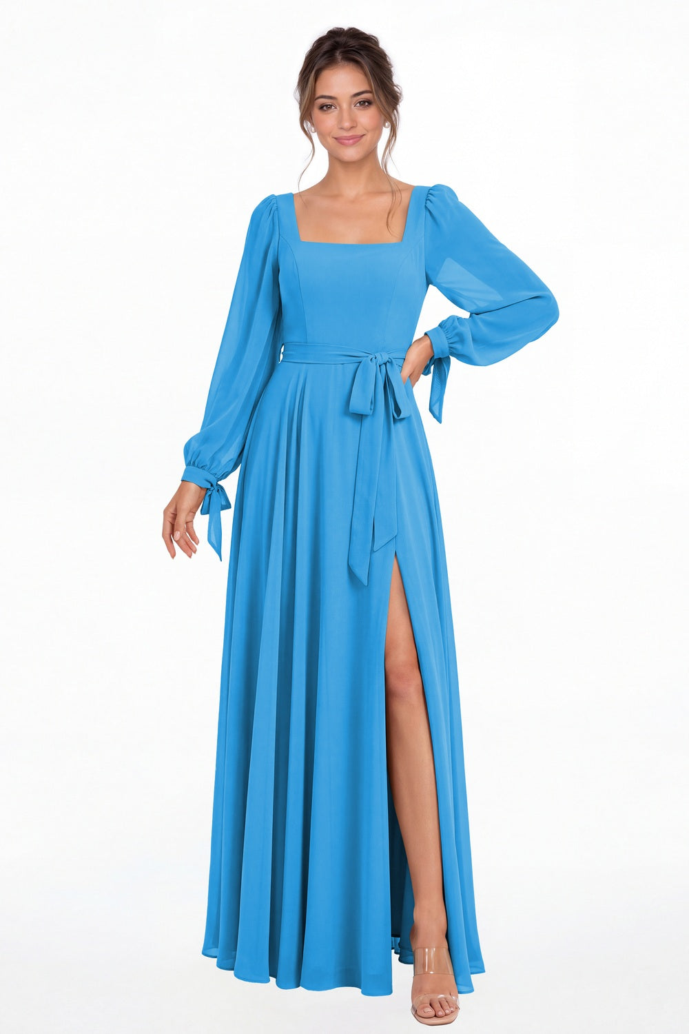 Ocean Blue Square Neck Long Sleeve Chiffon A-Line Slit Maxi Gown - Front View