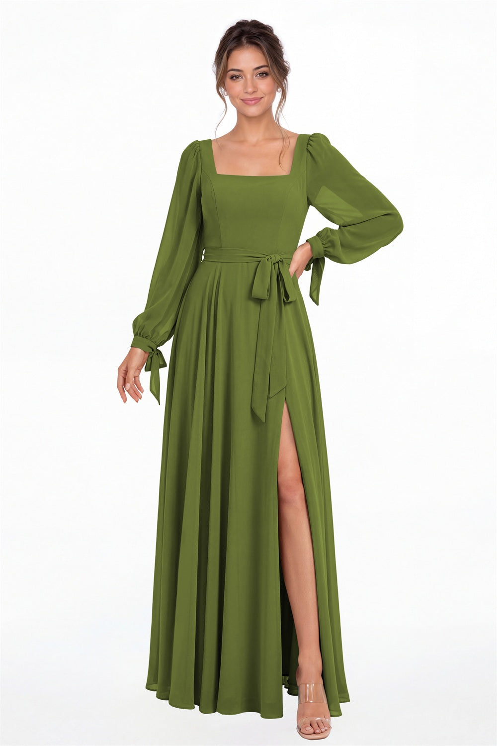 Olive Green Square Neck Long Sleeve Chiffon A-Line Slit Maxi Gown - Front View