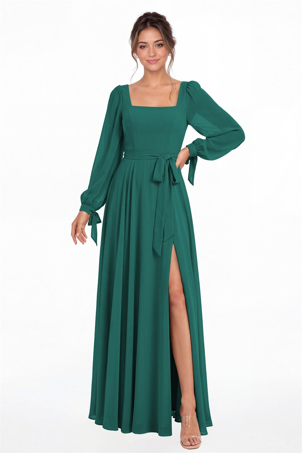 Peacock Square Neck Long Sleeve Chiffon A-Line Slit Maxi Gown - Front View