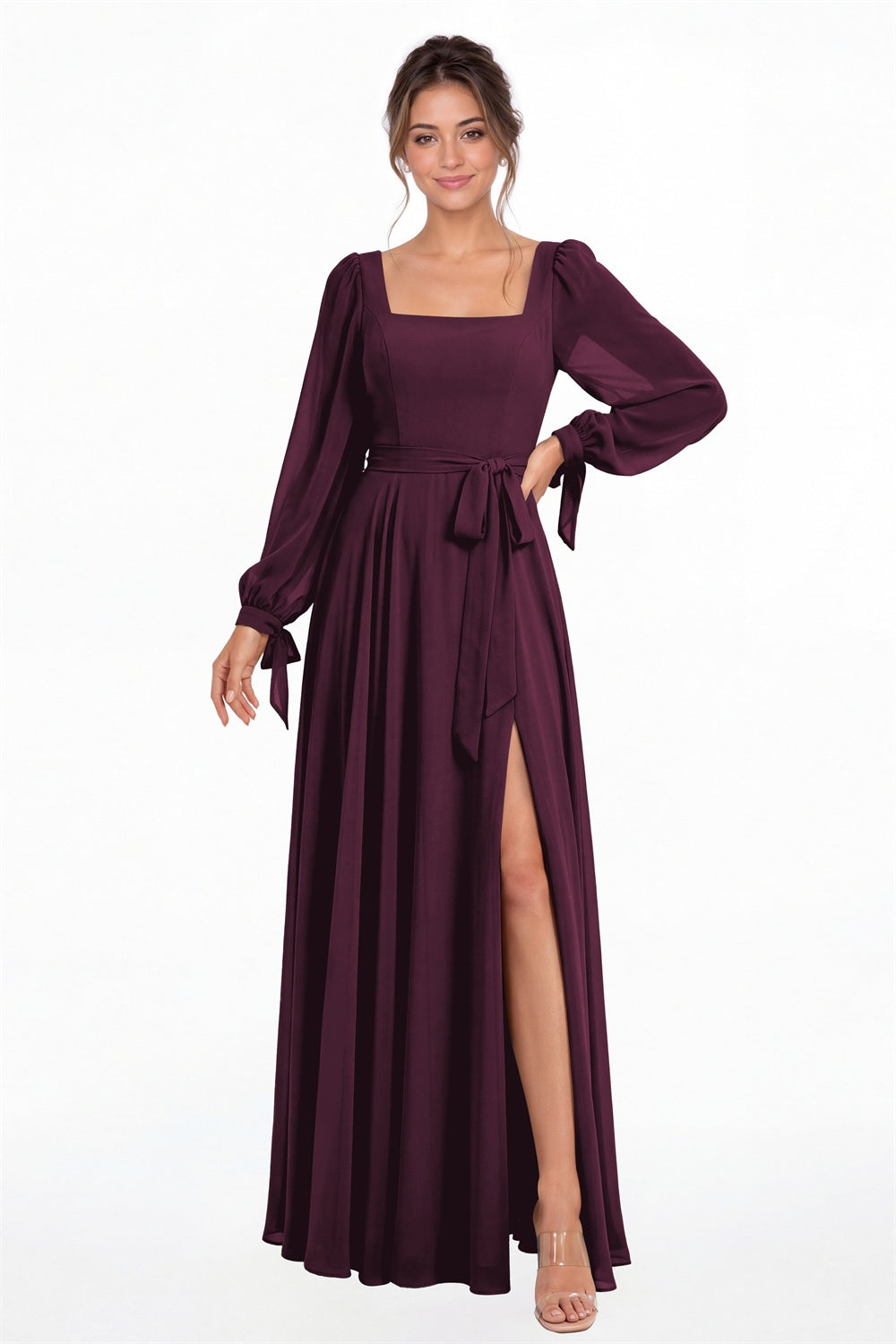 Plum Square Neck Long Sleeve Chiffon A-Line Slit Maxi Gown - Front View