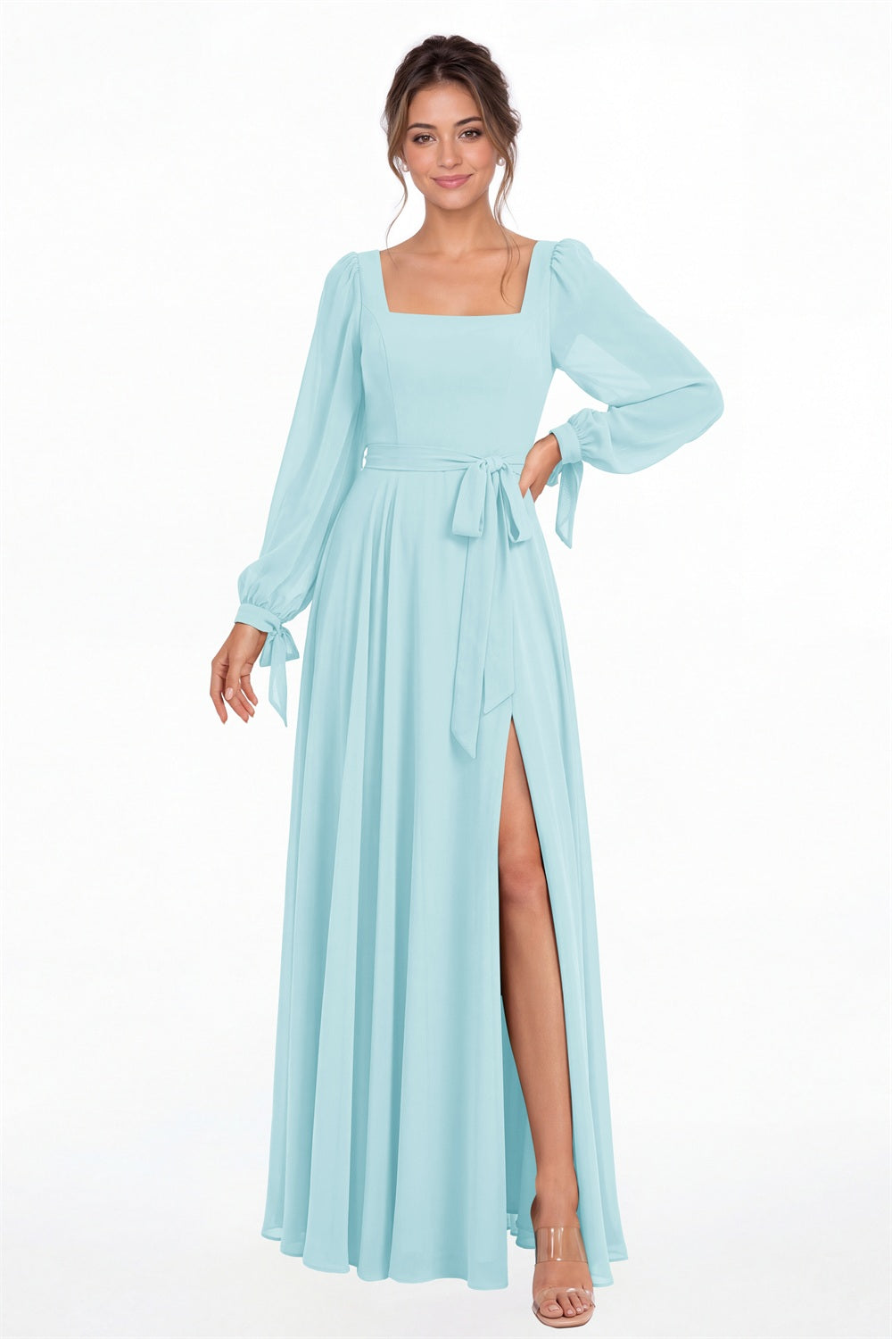 Powder Blue Square Neck Long Sleeve Chiffon A-Line Slit Maxi Gown - Front View