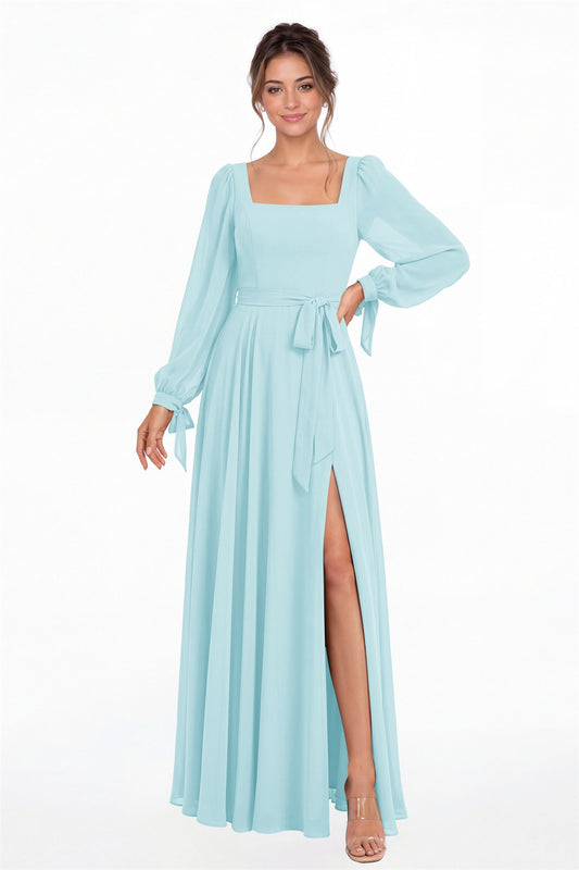 Powder Blue Square Neck Long Sleeve Chiffon A-Line Slit Maxi Gown - Front View