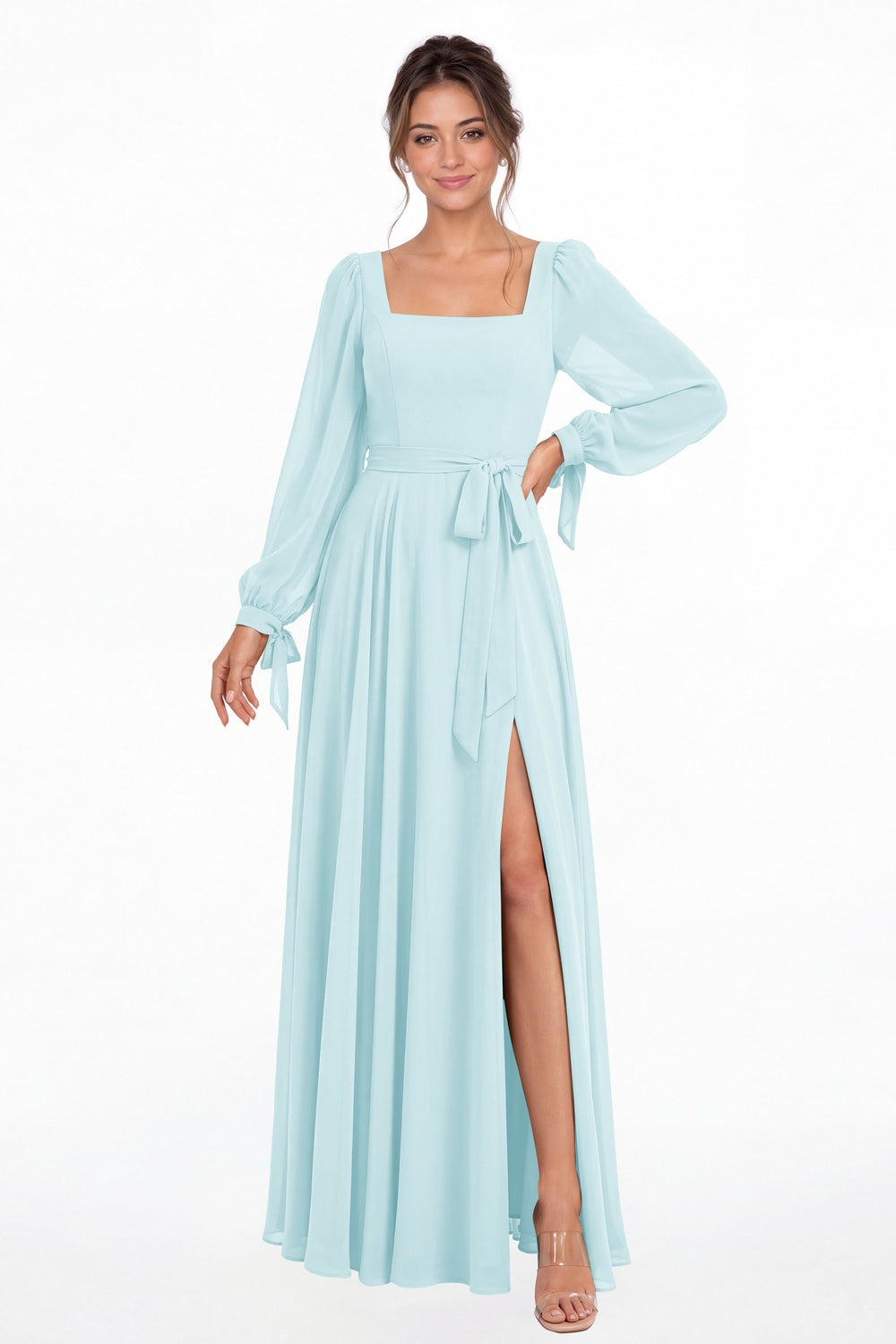Powder Blue Square Neck Long Sleeve Chiffon A-Line Slit Maxi Gown - Front View