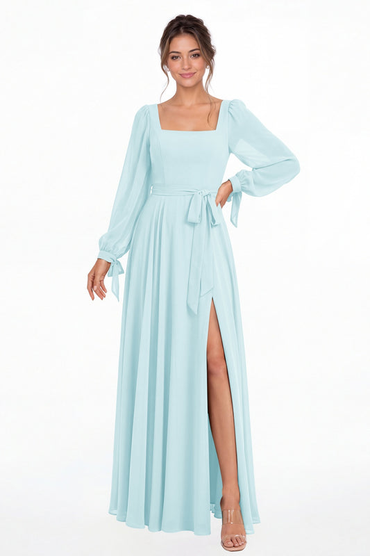 Powder Blue Square Neck Long Sleeve Chiffon A-Line Slit Maxi Gown - Front View