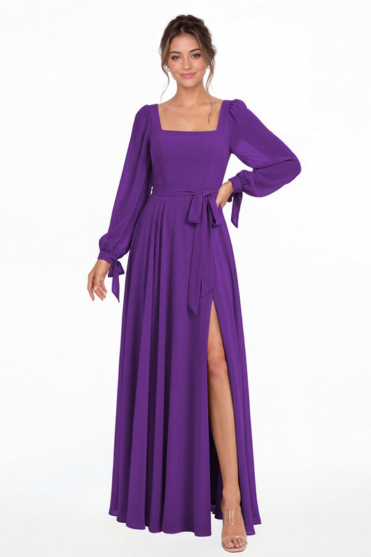 Purple Square Neck Long Sleeve Chiffon A-Line Slit Maxi Gown - Front View