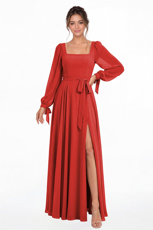 Red Square Neck Long Sleeve Chiffon A-Line Slit Maxi Gown - Front View