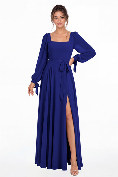 Royal Blue Square Neck Long Sleeve Chiffon A-Line Slit Maxi Gown - Front View